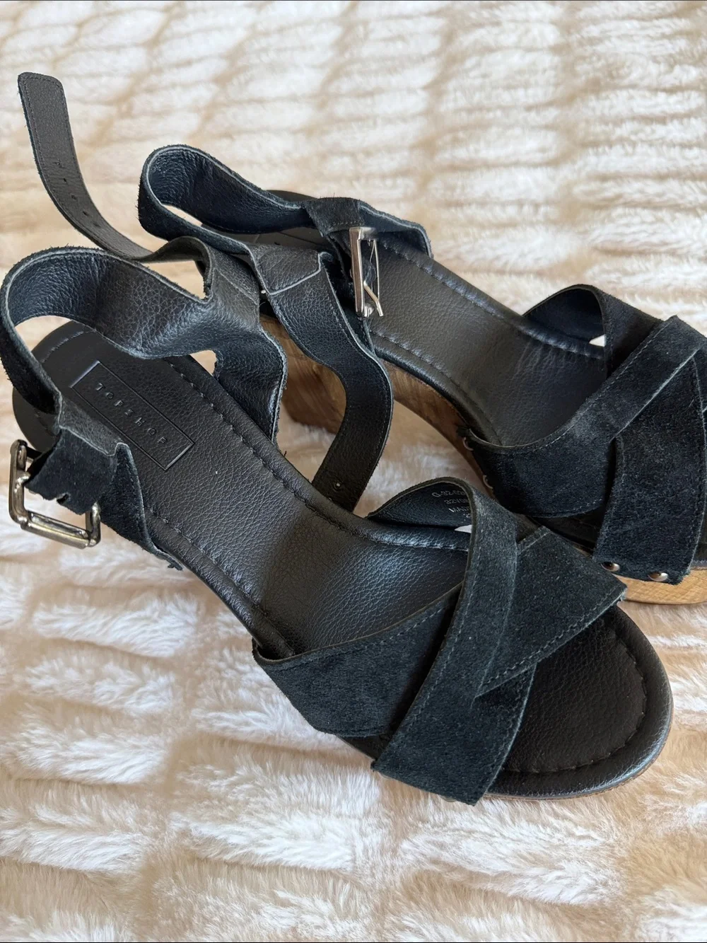 Topshop Black Suede Platform Crisscross Sandals